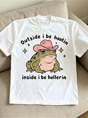Funny Cowboy Frog Outside  white Women Men T-shirt Unisex
